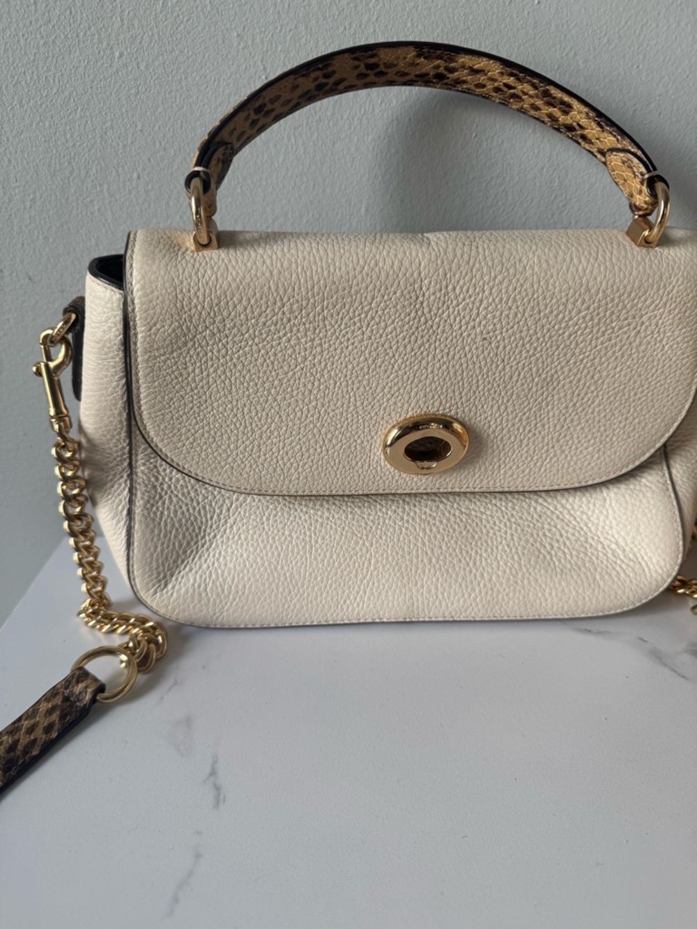 Coach Cream Leather Shoulder Bag with Gold Hardware and Snake-Print Trim